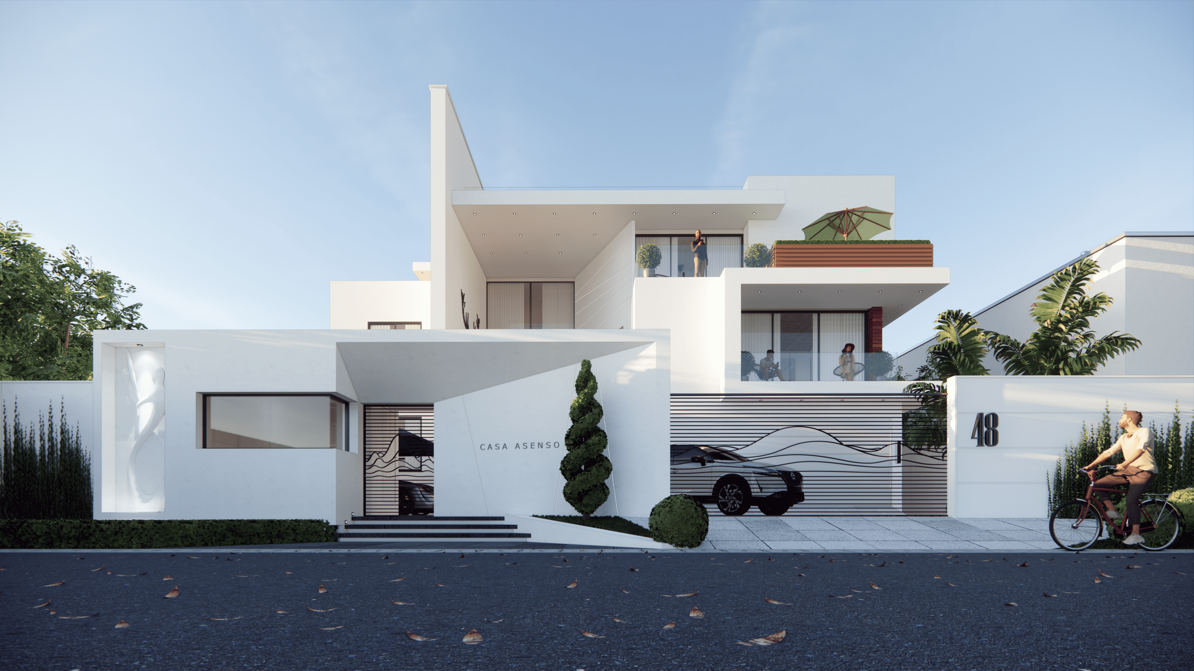 A super modern house with contemporary architecture and a car parked out front and a man on a bicycle