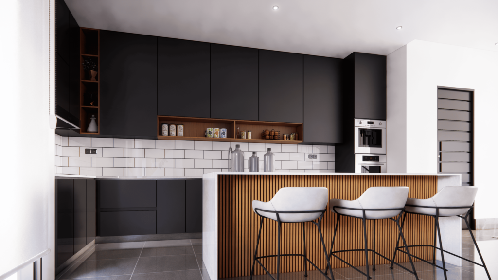 the kitchen area of a three bedroom home