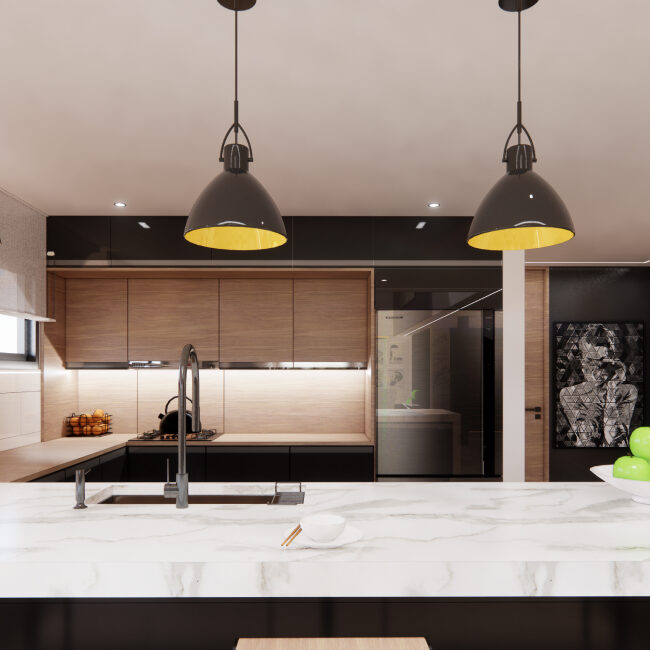 A well lit modern kitchen with apples