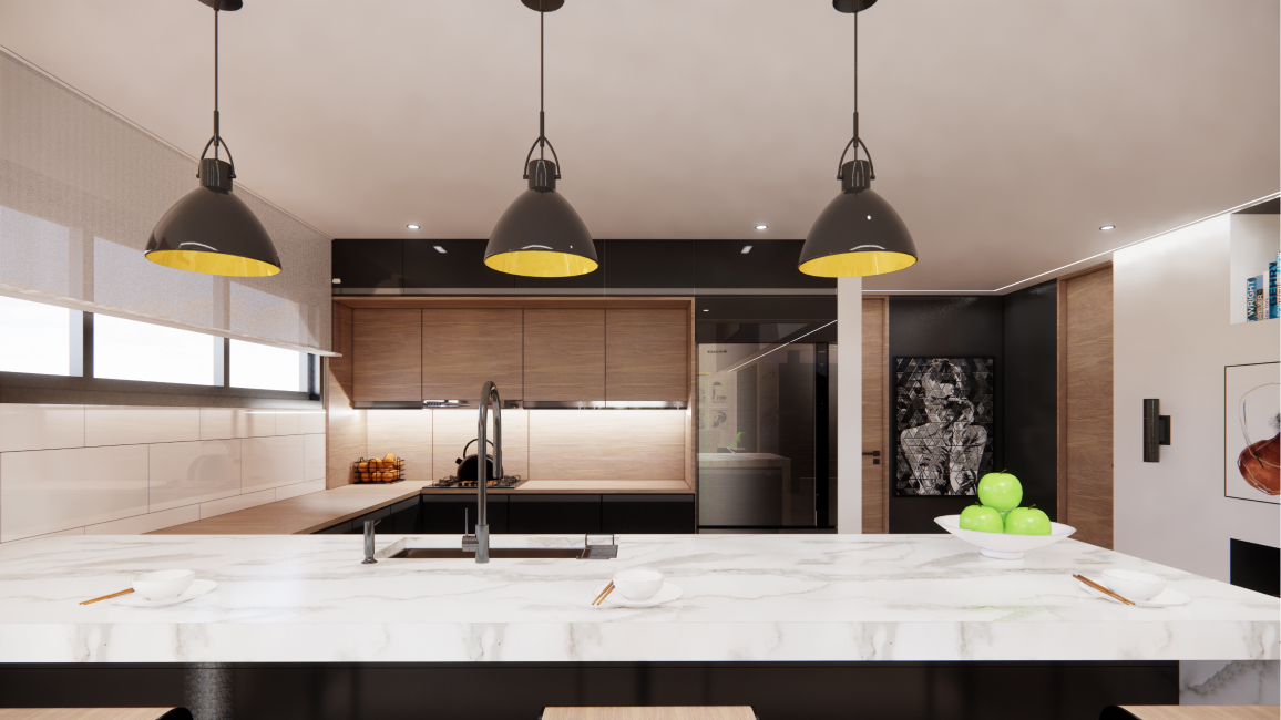 A well lit modern kitchen with apples