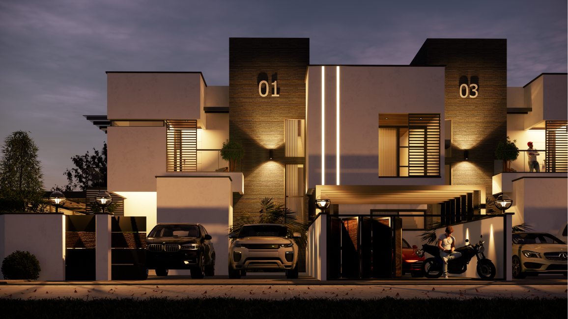 A night view of a four bedroom townhouse and cars parked out and a man on a motorcycle