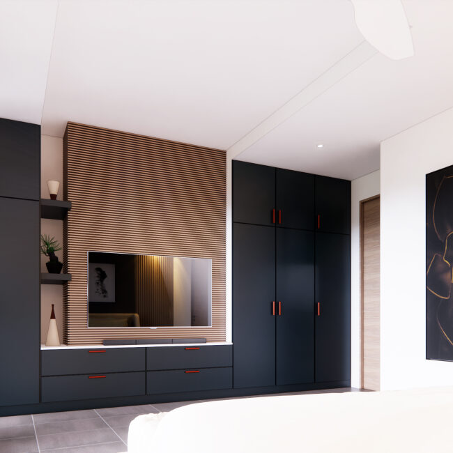 Master bedroom of a luxury home with a tv and built in closet and great art on the wall