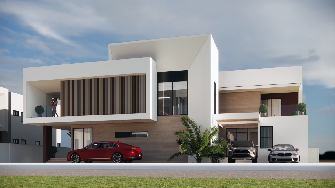 a grass view of a modern detached home with three parked out and a woman on the balcony