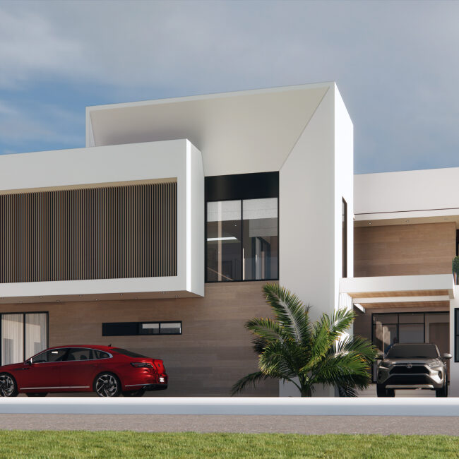 a modern town house with a red car parked in front and two other cars parked on the side. There is a woman a baby on the balcony