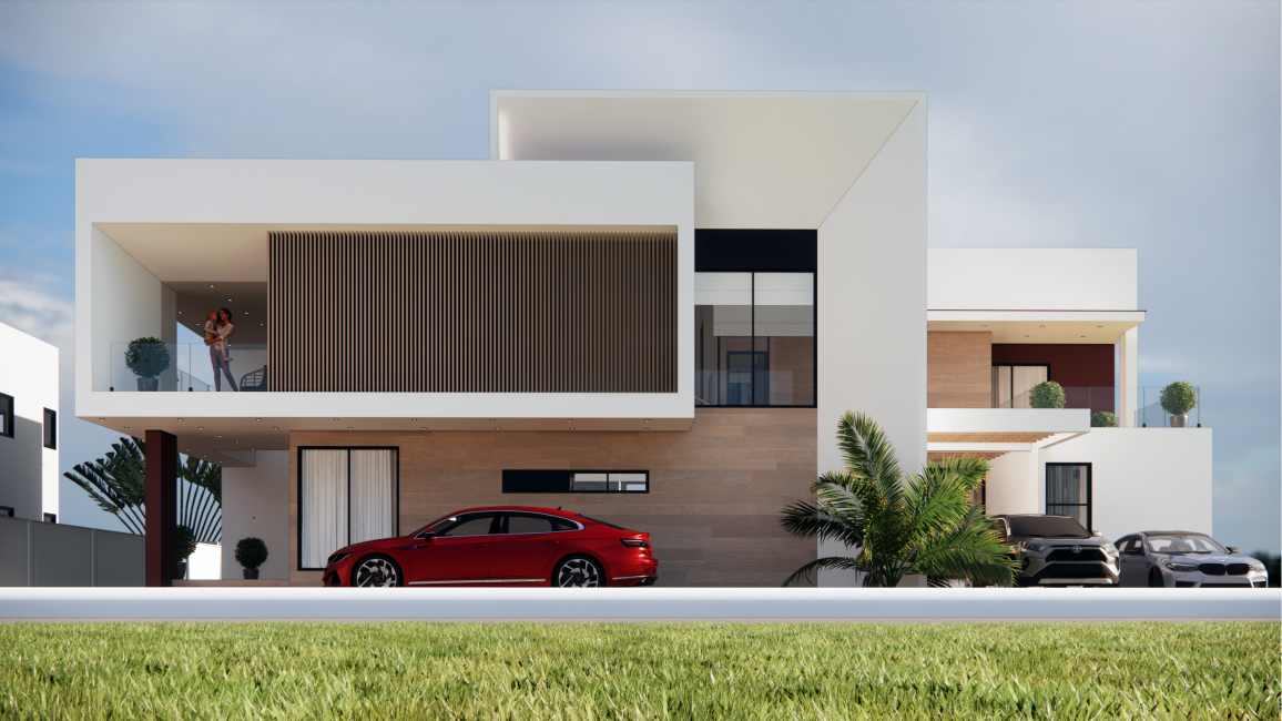 a grass view of a modern detached home with a red car parked out and a woman on the balcony