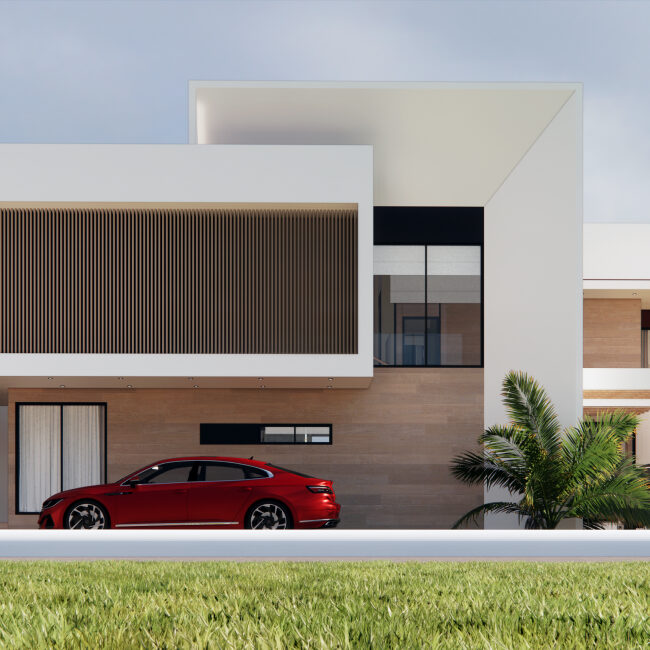 a modern town house with a red car parked in front and two other cars parked on the side.