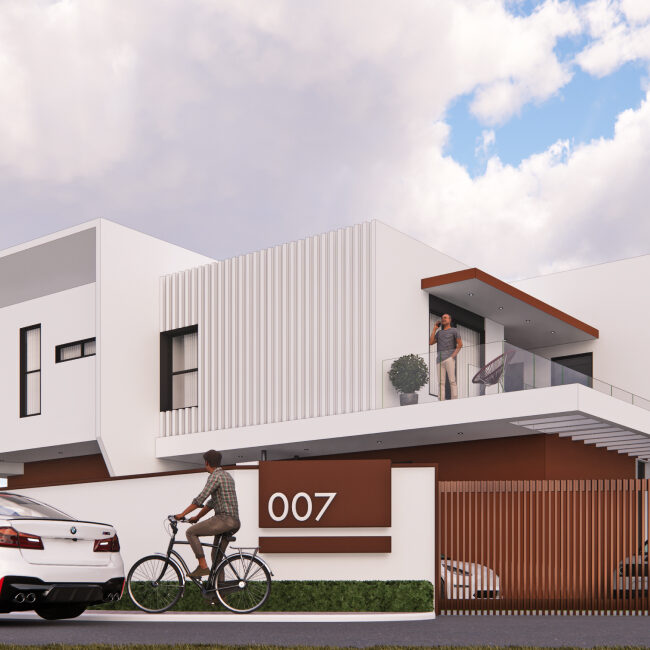 A modern home with great aesthetic, a man on the phone and the balcony, and cyclist and a BMW parked in front of it