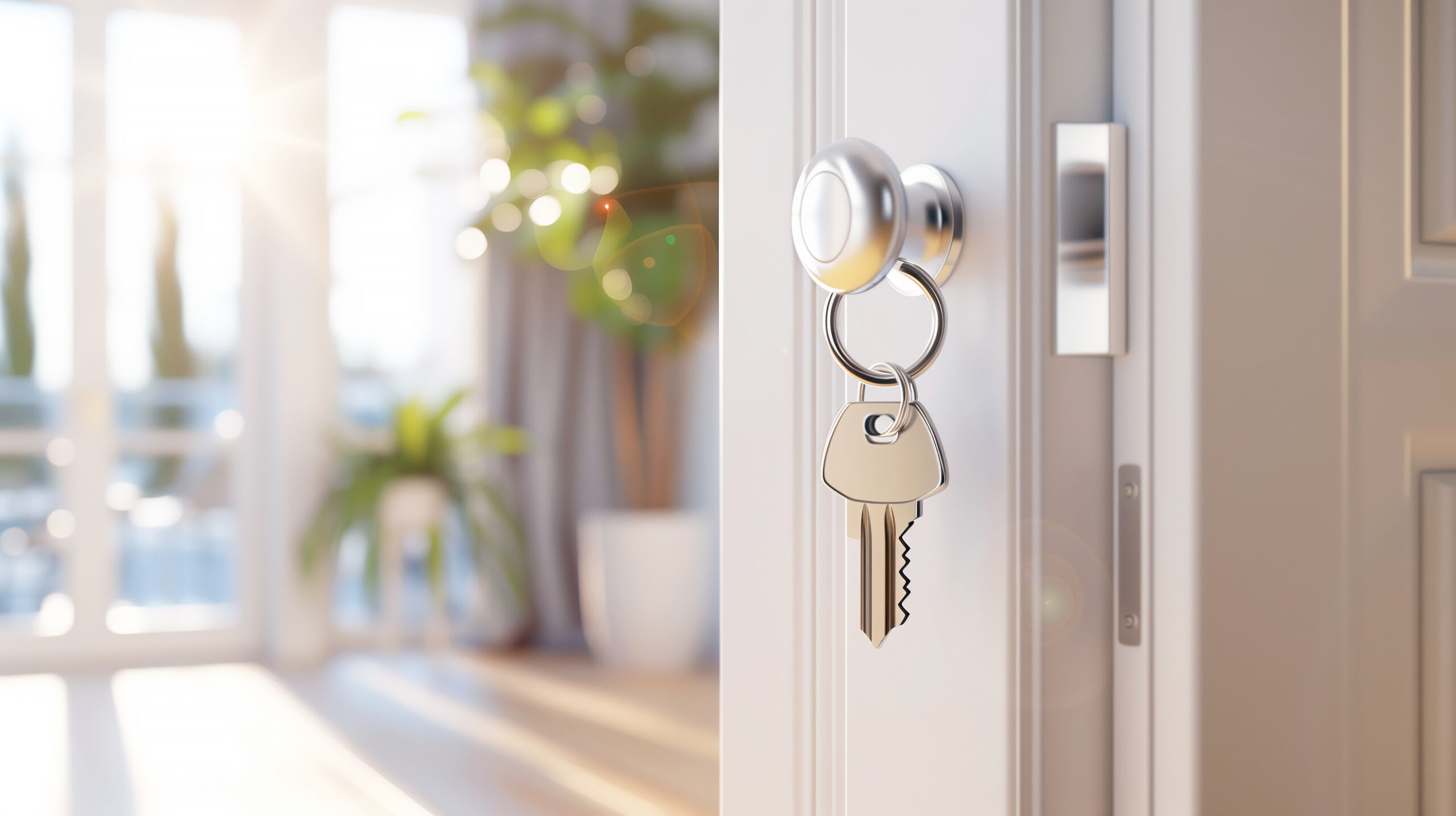 House key on a door lock with a blurred balcony in the background — symbolizing new homeownership and mortgage opportunities.