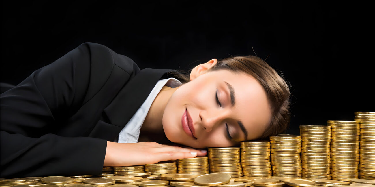 Businesswoman resting on stacked gold coins, illustrating passive income and wealth growth through smart mortgage strategies.