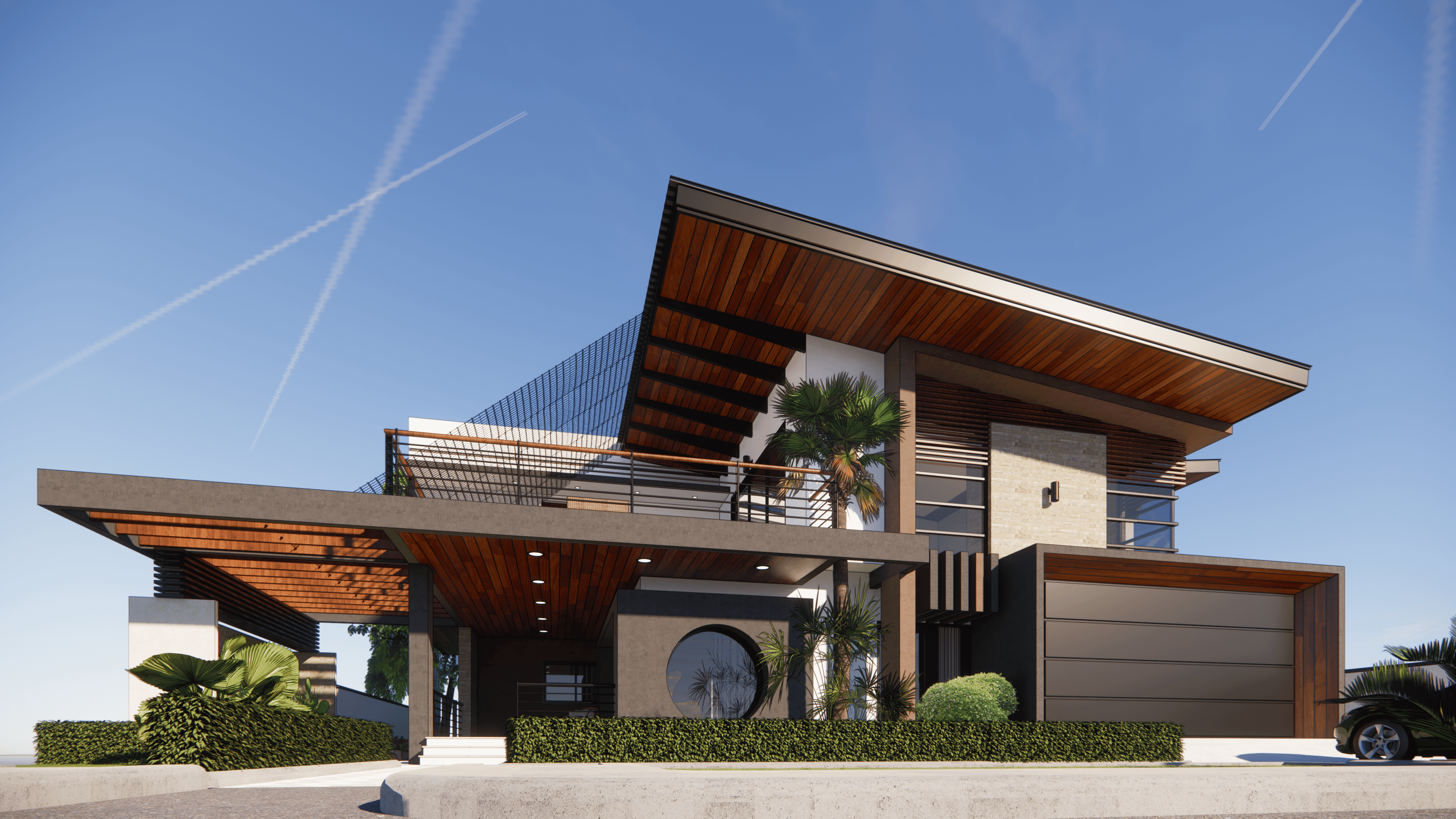 A modern contemporary building furnished with red wood for great aesthetics