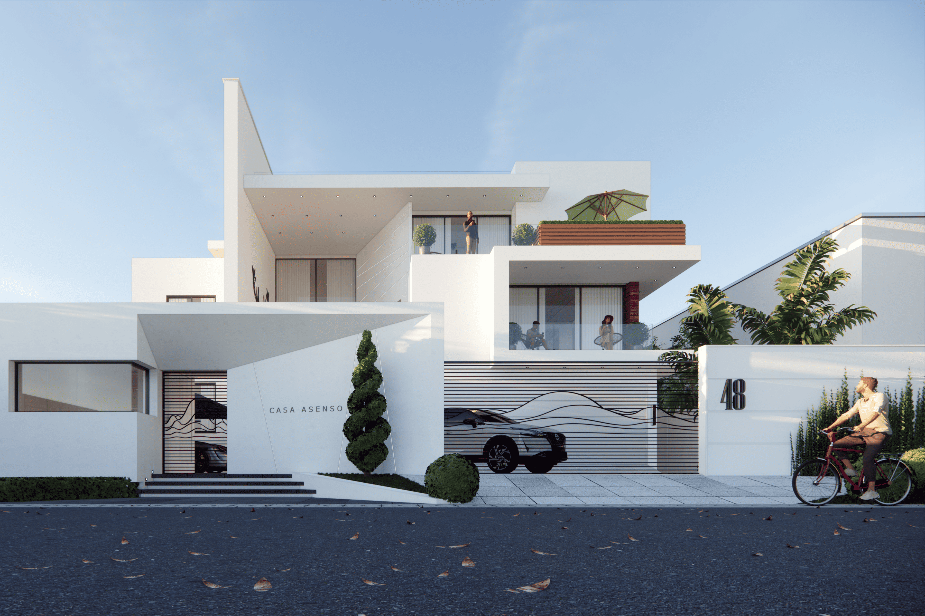 Four bedroom two-story building with a man on the top floor, and a parked car in front and a cyclist at the entrance